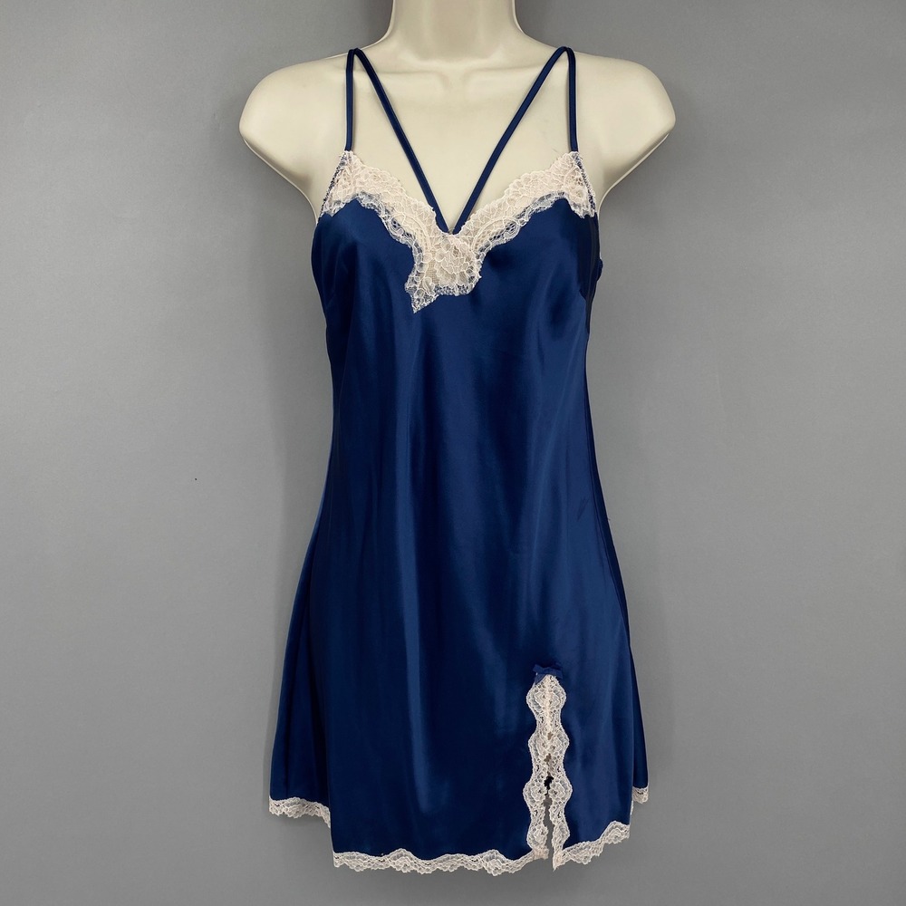 Victoria's Secret Satin Lace Slip Dress Womens XS Navy Blue Lingerie Nightgown